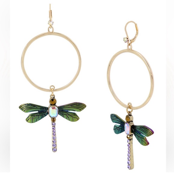 Betsey Johnson Jewelry - BETSEY JOHNSON • Stone Dragonfly Insect Gypsy Hoop Statement Large Earrings